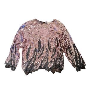 Oleg Cassini Vintage Elegance Sequin Mesh Top Going Out Blouse Silk Size Medium